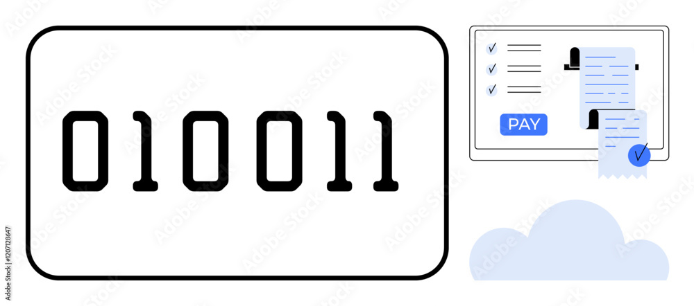 Large binary code and an online payment transaction with a receipt and pay button on a screen. Ideal for themes of digital transactions, online security, tech innovation, financial technology Large binary code and an online payment transaction with a receipt and pay button on a screen. Ideal for themes of digital transactions, online security, tech innovation, financial technology