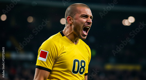 Soccer player  celebrating goal on field with excitement  sport achievement and victory. Football  game and competition for championship  match and event.