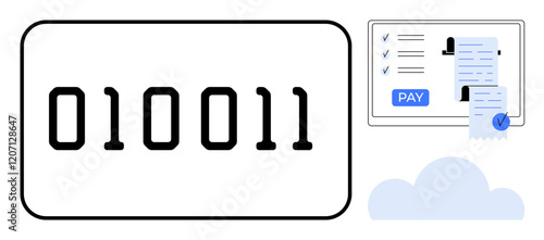Large binary code and an online payment transaction with a receipt and pay button on a screen. Ideal for themes of digital transactions, online security, tech innovation, financial technology