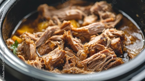 Delicious slow cooked pulled pork in juicy marinade for culinary inspiration photo