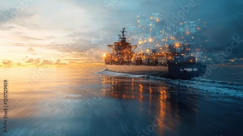 Modern cargo ship cutting through ocean waves at sunset marine transport scene digital innovation serene environment wide angle view futuristic concept