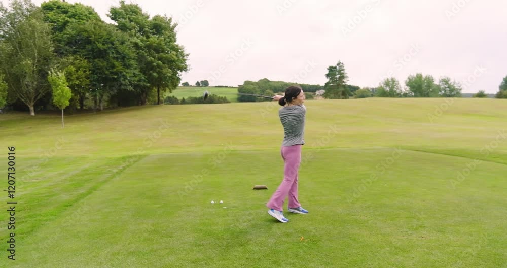 Two male and female golf players playing golf together, hitting the ball with club on a golf course Two male and female golf players playing golf together, hitting the ball with club on a golf course