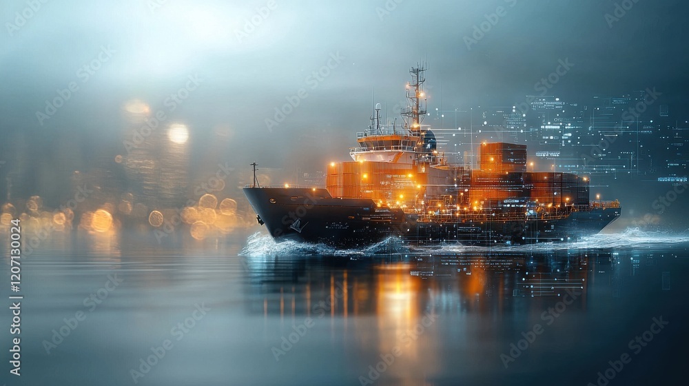 Futuristic cargo transport concept a container ship navigating through misty waters high-tech ocean environment dramatic viewpoint for innovative maritime logistics Futuristic cargo transport concept a container ship navigating through misty waters high-tech ocean environment dramatic viewpoint for innovative maritime logistics