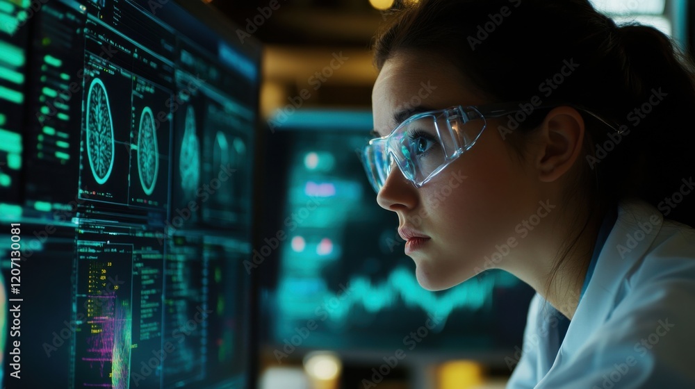A close-up of a female scientist analyzing neurological data and cross-sectional brain images on a computer, with high-tech graphs and charts visible on the screen A close-up of a female scientist analyzing neurological data and cross-sectional brain images on a computer, with high-tech graphs and charts visible on the screen