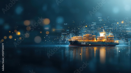 Futuristic cargo transport ship at sea maritime technology concept digital environment nighttime viewpoint innovative shipping solutions
