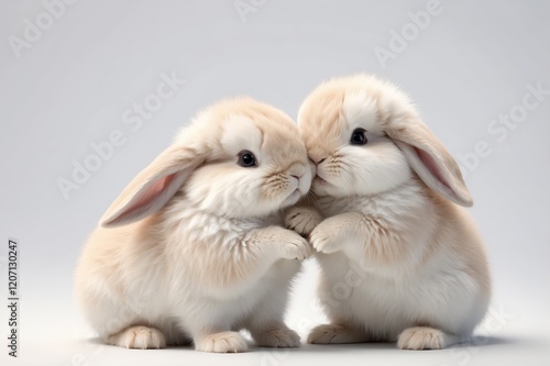 Two adorable bunnies nuzzling each other on a light grey background. photo