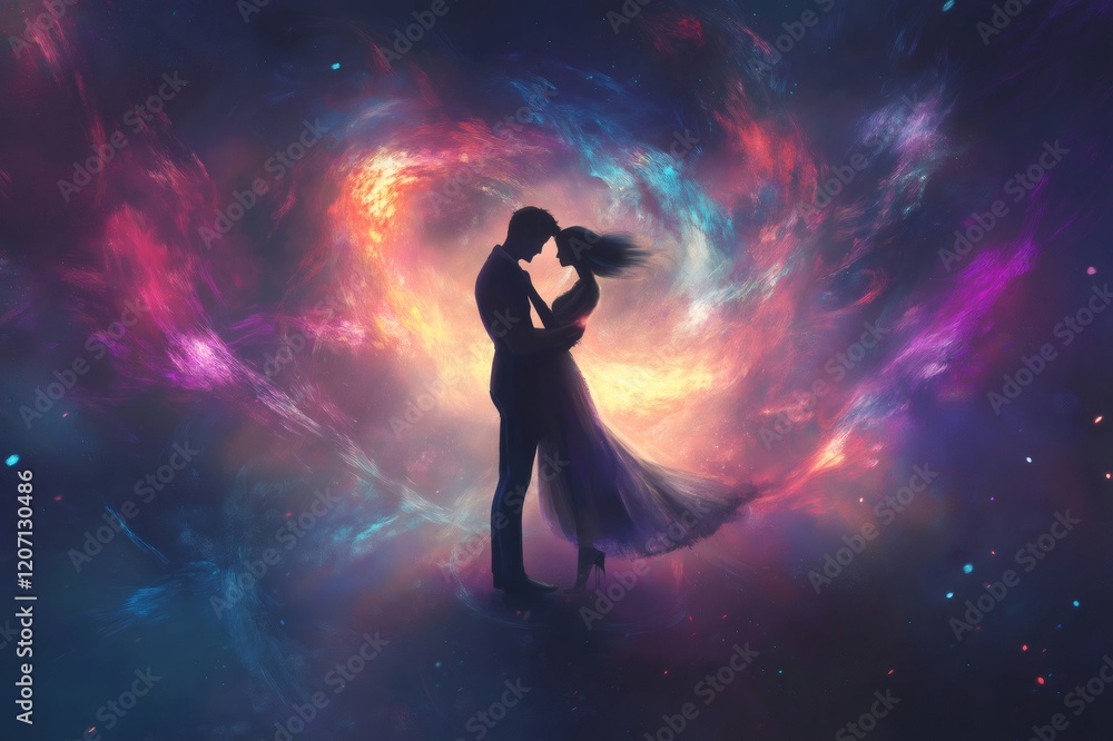Naklejka premium Silhouettes of a man and a woman embracing, surrounded by a colorful nebula, symbolizing deep love and connection