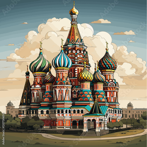 Saint Basil's Cathedral hand-drawn comic illustration. Cathedral of Vasily the Blessed. Vector doodle style cartoon illustration