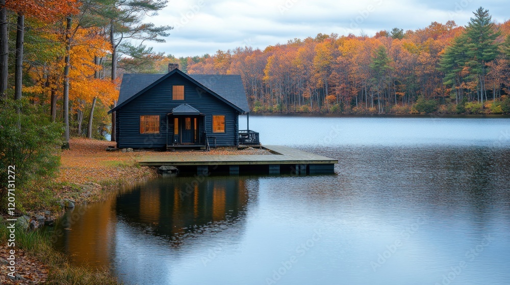 Obraz premium Autumn lakefront cabin, fall foliage, tranquil retreat