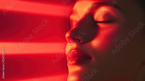 Tranquil young female in vibrant red light with closed eyes