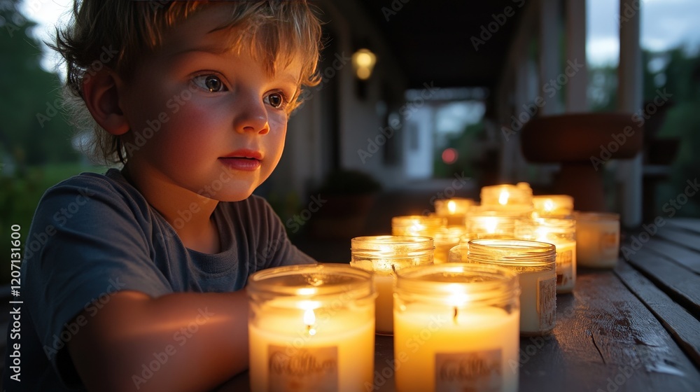 child looking curiously at a pile of homemade insect repellent candles made from soy wax and citronella oil. child looking curiously at a pile of homemade insect repellent candles made from soy wax and citronella oil.