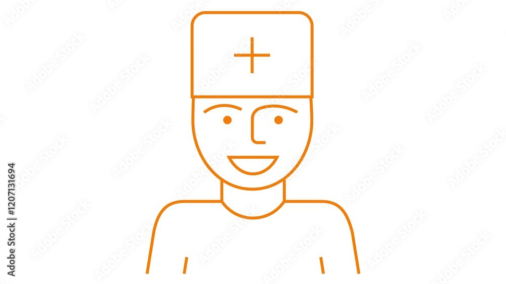 Animated orange icon of doctor. Linear medical symbol is drawn. Concept of pharmacy, hospital, ambulance, medicine. Looped video. Vector illustration isolated on white background. Animated orange icon of doctor. Linear medical symbol is drawn. Concept of pharmacy, hospital, ambulance, medicine. Looped video. Vector illustration isolated on white background.