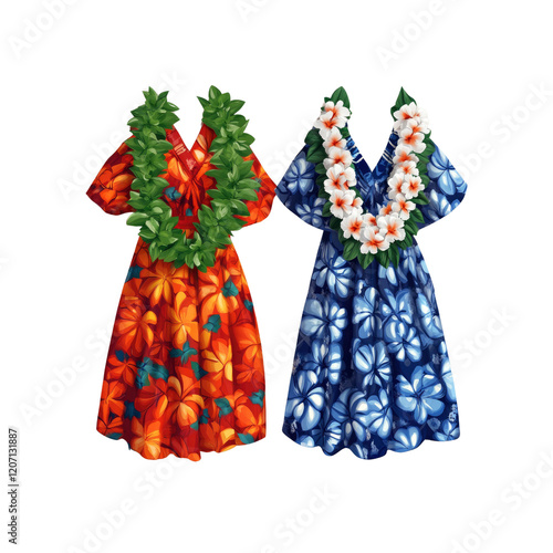 Two Hawaiian Muumuu Dresses with Flower Lei photo