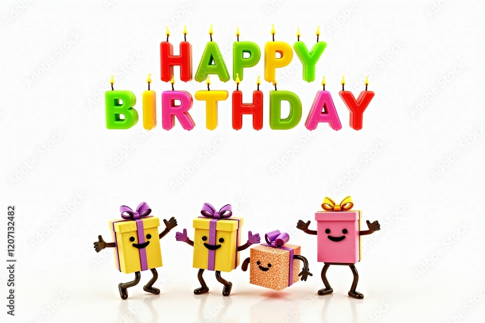 Fototapeta premium Colorful Happy Birthday Letters with Animated Gift Boxes and Festive Candles in a Joyful Celebration Scene