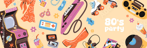 Design of 80s party banner. Template of 1980 nostalgia event advertising. 1980s items, accessories in retro style, cassettes, game machine, vinyl, tape recorder on layout. Flat vector illustration