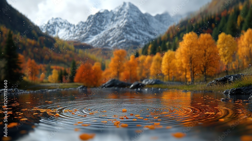 Fototapeta premium Autumn leaves falling on mountain lake