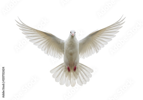 A white dove in mid-flight with its wings fully spread, isolated on a white background photo