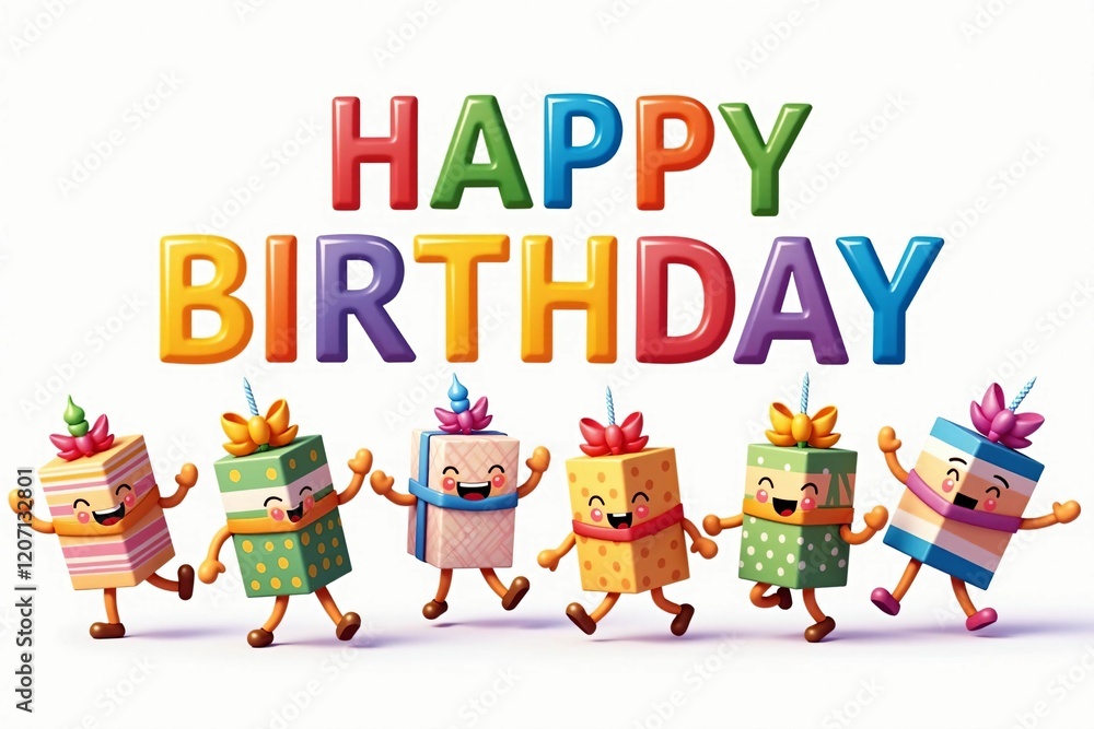 Naklejka premium Colorful Happy Birthday Letters with Animated Gift Boxes and Festive Candles in a Joyful Celebration Scene
