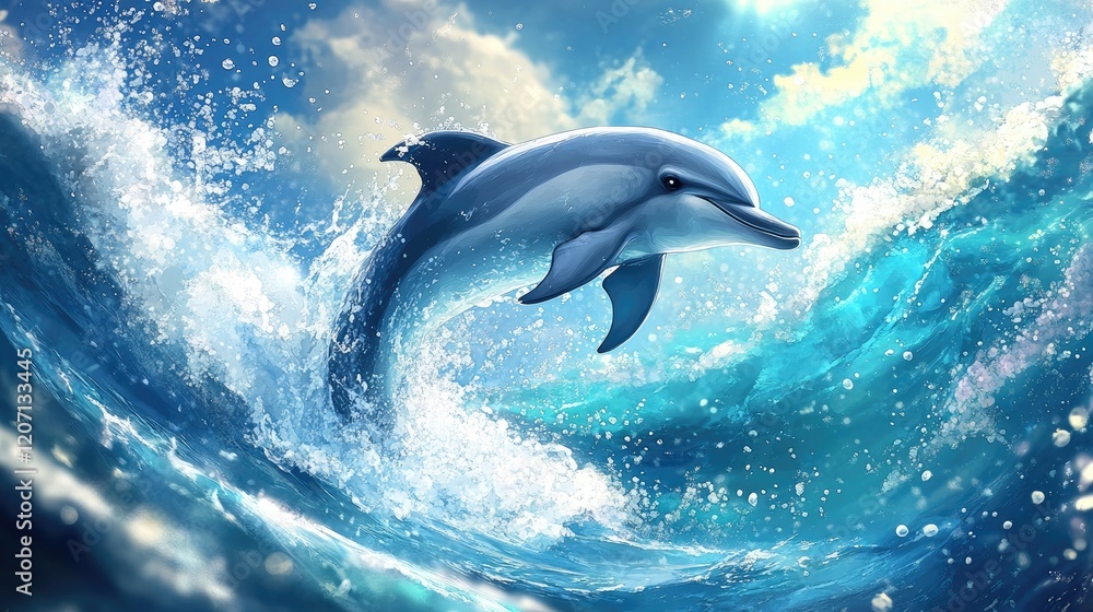 Fototapeta premium A playful dolphin leaping out of the ocean, splashing water around, showcasing its agility and the joy of marine life.
