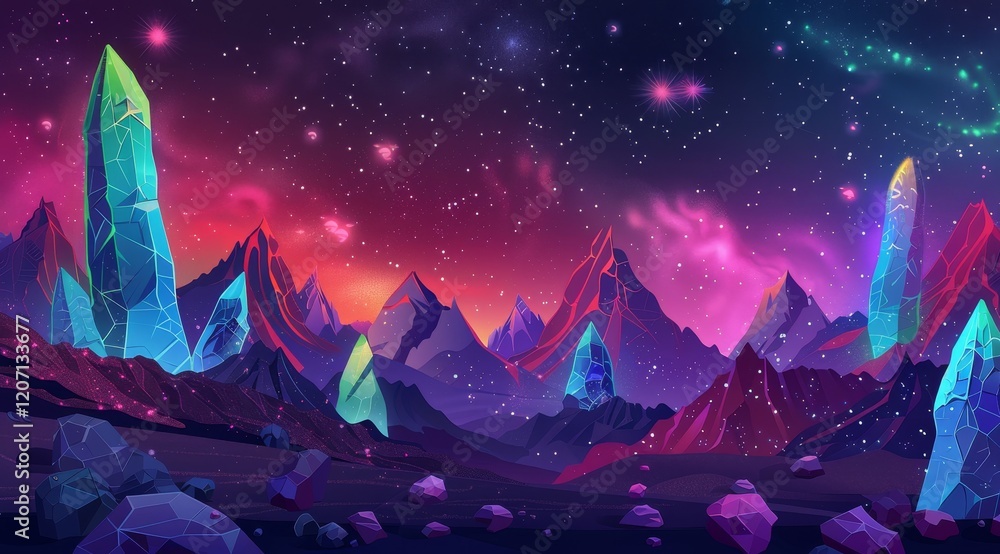 Fototapeta premium A fantasy landscape with crystalline mountains, a starry night sky, and a purple and pink nebula.