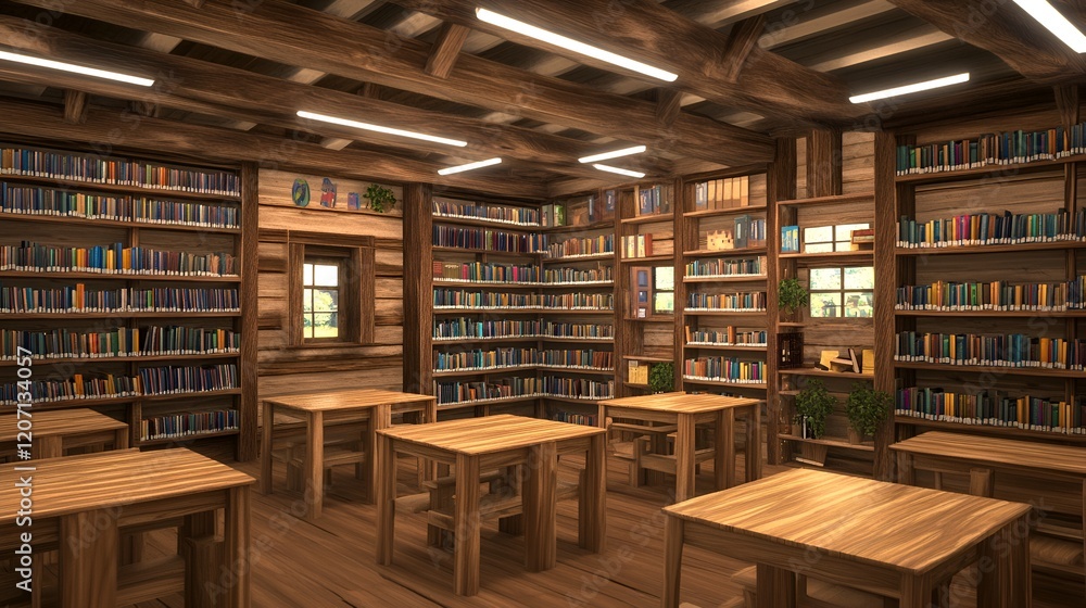 A rustic-themed school library with wooden bookshelves and neatly arranged reading tables A rustic-themed school library with wooden bookshelves and neatly arranged reading tables