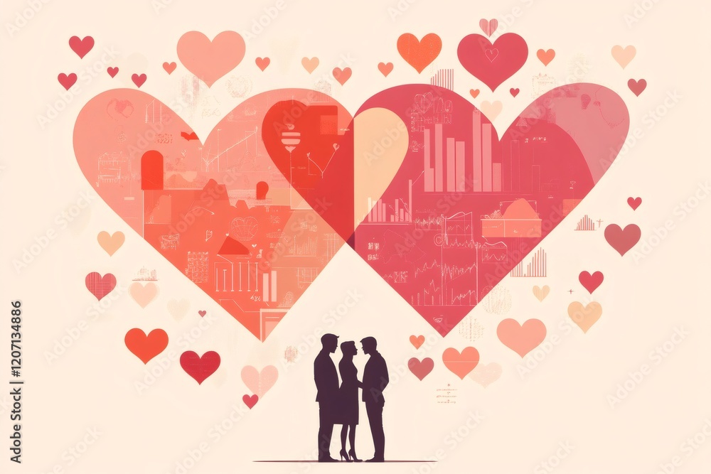 Couple analyzing valentine's day infographic with data, charts, and diagrams about romantic habits Couple analyzing valentine's day infographic with data, charts, and diagrams about romantic habits