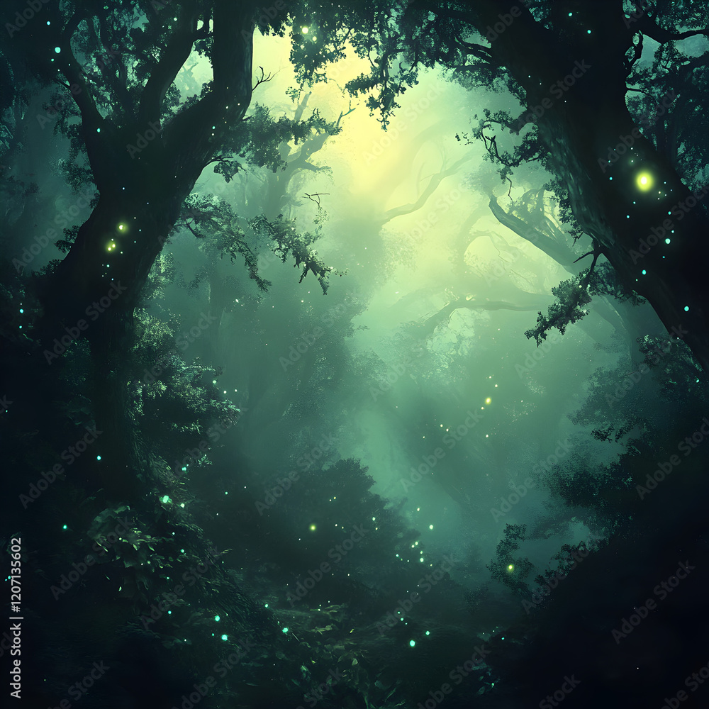 Obraz premium Enchanted Forest: A whimsical and ethereal forest bathed in a soft, mystical light. Sparkling fireflies illuminate the shadowy pathways, creating an enchanting and otherworldly atmosphere.