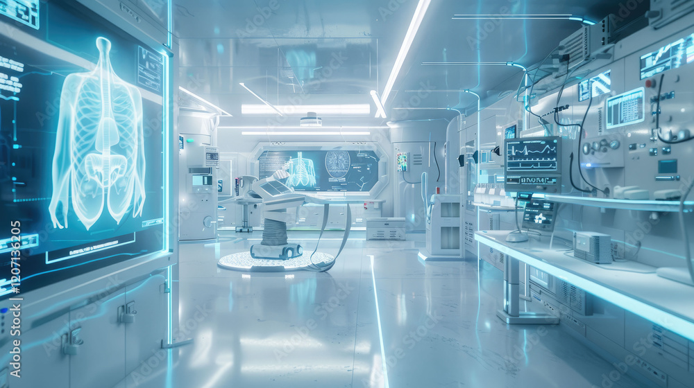 A futuristic medical lab with advanced diagnostic equipment, holographic screens displaying patient data A futuristic medical lab with advanced diagnostic equipment, holographic screens displaying patient data