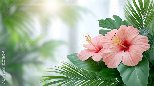Tropical paradise scene with vibrant pink hibiscus flowers and lush palm fronds. Sunlight streams through the foliage from above,  bokeh effect ,background.