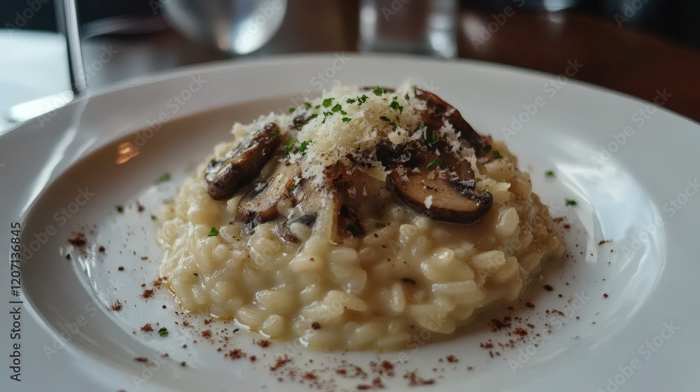 creamy risotto with mushrooms and parmesan, served on a white plate with a sprinkle of fresh parsley, creamy risotto with mushrooms and parmesan, served on a white plate with a sprinkle of fresh parsley,