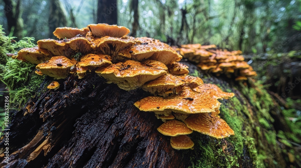 decomposing tree trunk, with visible fungi and moss growing on the surface decomposing tree trunk, with visible fungi and moss growing on the surface