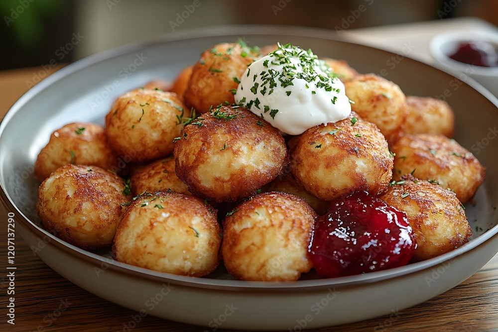 A plate of crispy, golden brown potato and cheese balls with sour cream and cranberry sauce. A plate of crispy, golden brown potato and cheese balls with sour cream and cranberry sauce.