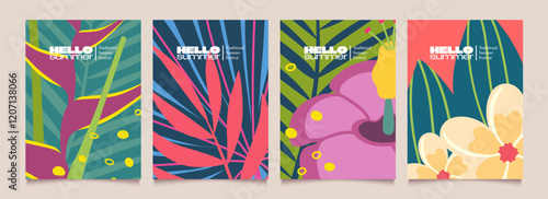 Abstract summer background with tropical leaves and flowers. Modern minimalist templates for poster, card, party, celebration, banner, cover, sale. Vector illustration.