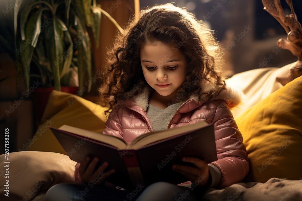 Young girl reading a book in cozy light Young girl reading a book in cozy light
