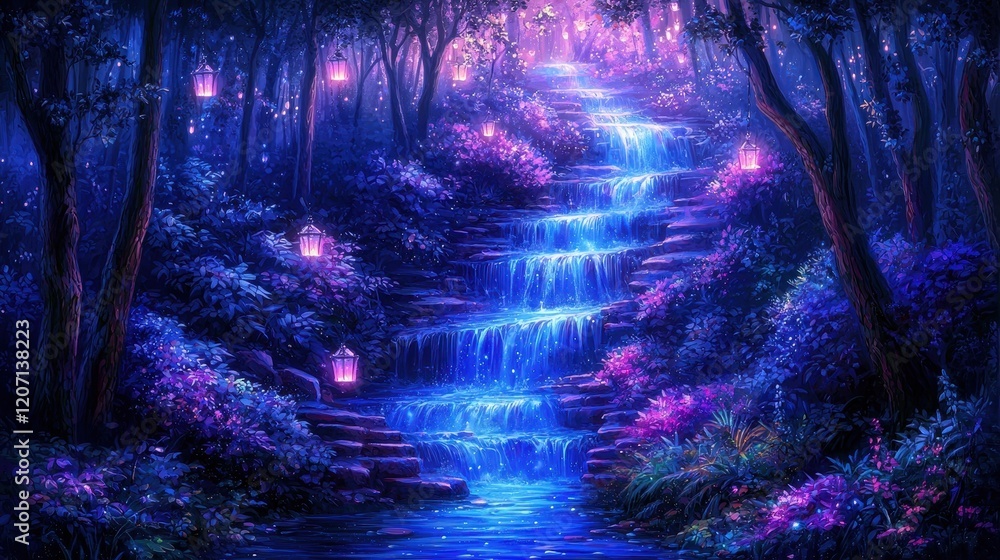 Obraz premium A surreal canyon carved by rivers of liquid starlight. The canyon walls glow softly with embedded crystals, and floating lanterns hover above, illuminating the shimmering water below. 