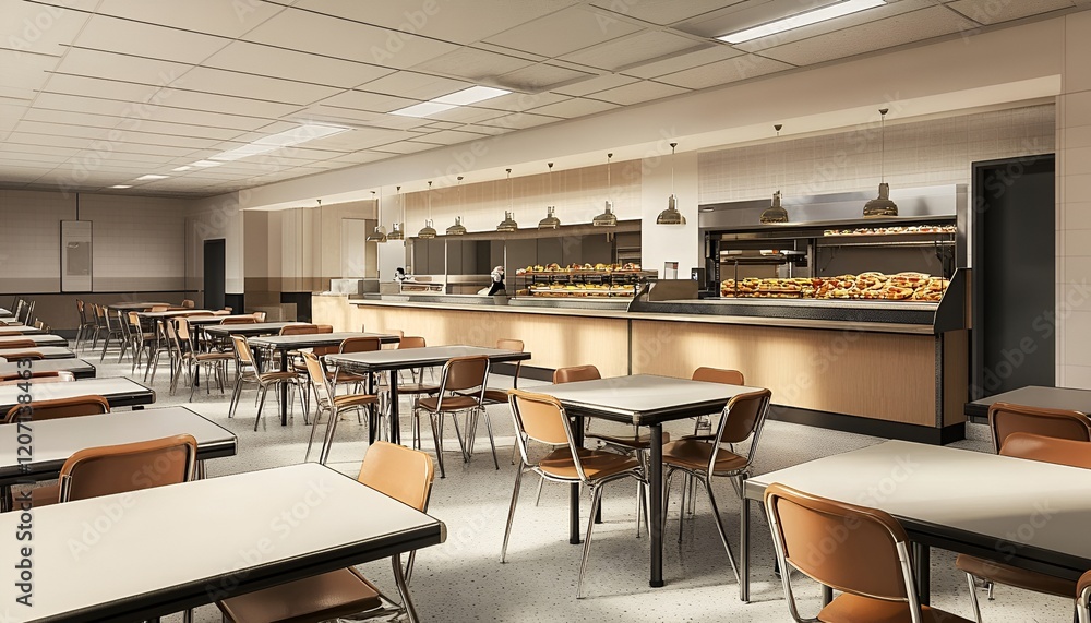 A school cafeteria with neatly arranged tables, chairs, and a food counter in the background A school cafeteria with neatly arranged tables, chairs, and a food counter in the background