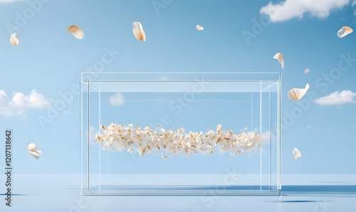 Glass box, floating petals, sky backdrop, product display