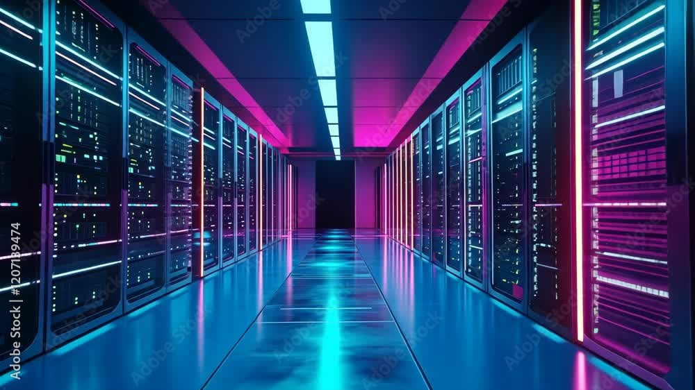 Long, brightly lit hallway with neon lights and a blue wall. The lights are on and the wall is a deep shade of blue. The hallway is filled with rows of servers Long, brightly lit hallway with neon lights and a blue wall. The lights are on and the wall is a deep shade of blue. The hallway is filled with rows of servers