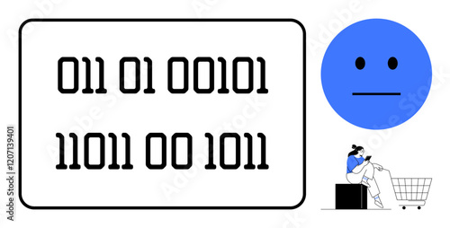 Binary code in a black rectangle, a blue face emoticon, and a woman with a shopping cart shows disconnect from digital world. Ideal for tech, isolation, consumerism, digital life, technology