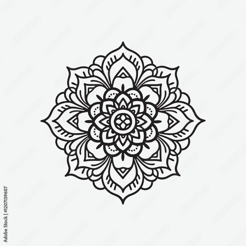 A simple line drawing mandala. Vector graphic design for a coloring book, Cards, Posters, Flyers, Banners. Complex symmetrical mandala design A simple line drawing mandala. Vector graphic design for a coloring book, Cards, Posters, Flyers, Banners. Complex symmetrical mandala design