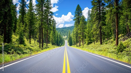 A serene road stretches through a lush forest, flanked by tall trees under a bright blue sky with fluffy clouds.