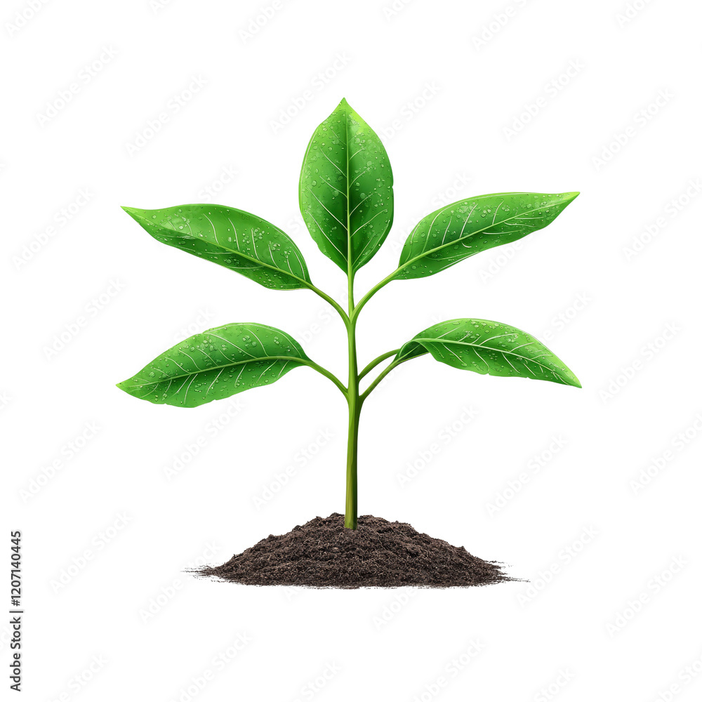 Lush Green Sapling with Dew Drops on Leaves, Isolated on Transparent background Lush Green Sapling with Dew Drops on Leaves, Isolated on Transparent background