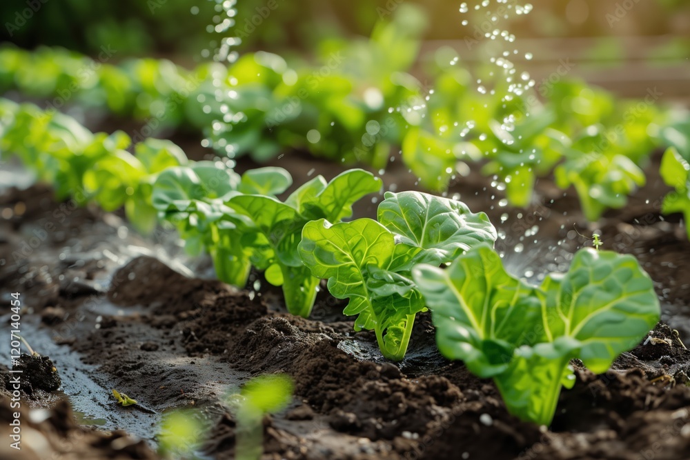 Close-up view of a sustainable drip irrigation system watering healthy vegetables in a garden. Setup ensures efficient water use for optimal growth. Organic farm concept. Close-up view of a sustainable drip irrigation system watering healthy vegetables in a garden. Setup ensures efficient water use for optimal growth. Organic farm concept.