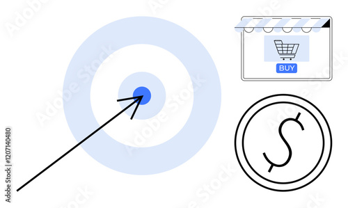 Arrow hitting a target, shopping cart on a storefront, and currency sign representing financial growth. Ideal for business strategies, online sales, marketing goals, customer acquisition, ROI, profit