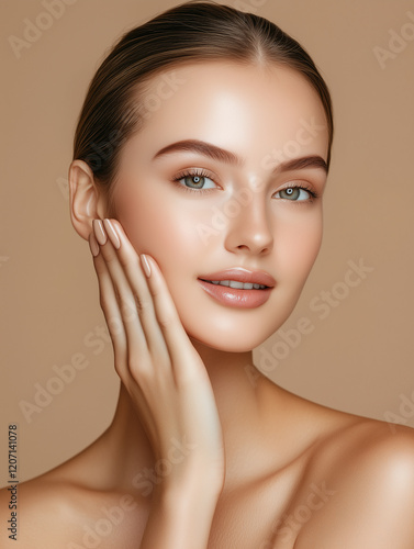 Portait of beautiful skin woman applied crem on her face, healthy beauty skincare and cosmetics for adverstising. Generative Ai.	
