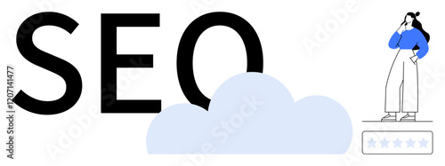 Large SEO text, woman thinking on five-star rating, cloud shape nearby. Ideal for digital marketing, online strategy, content creation, website optimization, business growth, analytics performance