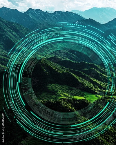 Abstract Circular Digital Overlay on Scenic Mountain Landscape with Lush Greenery and Fields Below