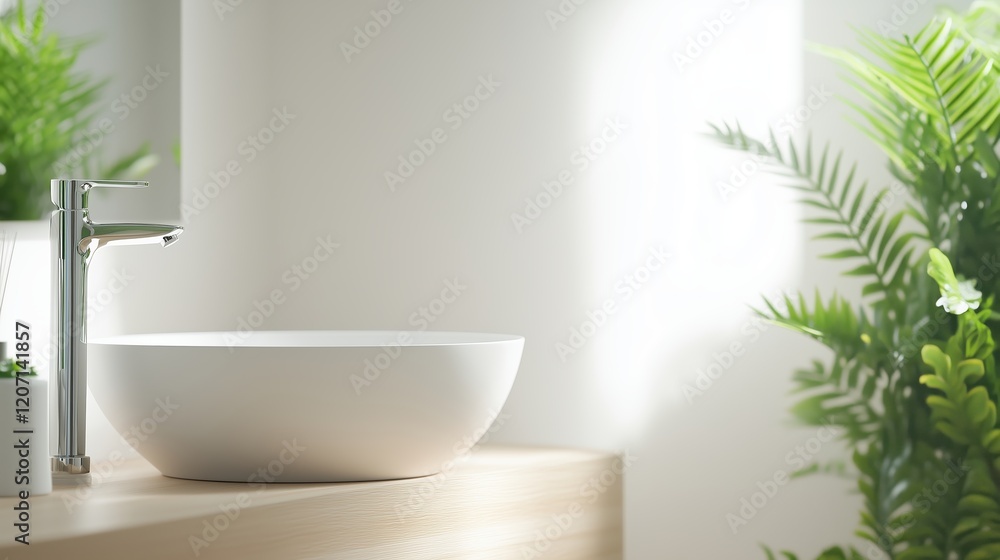Minimalist bathroom with a sleek white basin, chrome faucet, and lush green plants. Luxury eco-friendly design with sustainable materials and tranquil ambiance show contemporary and natural interiors. Minimalist bathroom with a sleek white basin, chrome faucet, and lush green plants. Luxury eco-friendly design with sustainable materials and tranquil ambiance show contemporary and natural interiors.