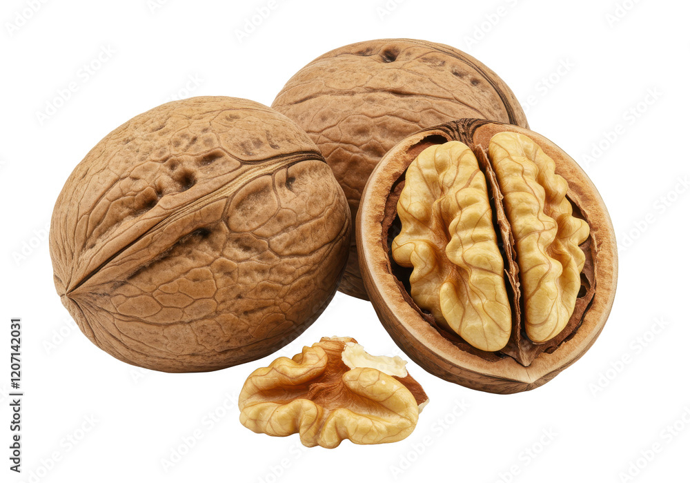 Two whole walnuts, one cracked open to reveal the nutmeat inside, isolated on a white background Two whole walnuts, one cracked open to reveal the nutmeat inside, isolated on a white background