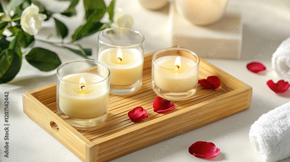 Three lit candles on wooden tray with rose petals and white towel in spa setting Three lit candles on wooden tray with rose petals and white towel in spa setting